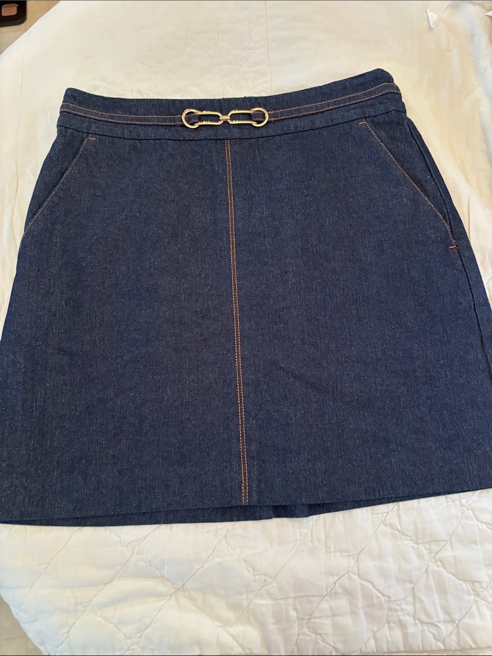 Ann Taylor Dark Indigo Denim Mini Skirt with Gold-Tone Buckle